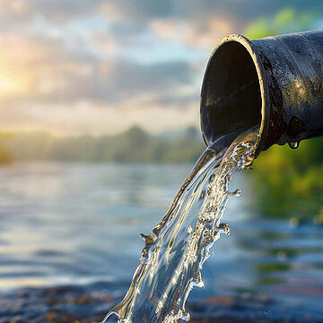 A pipe is pouring water into a river, sewer concept